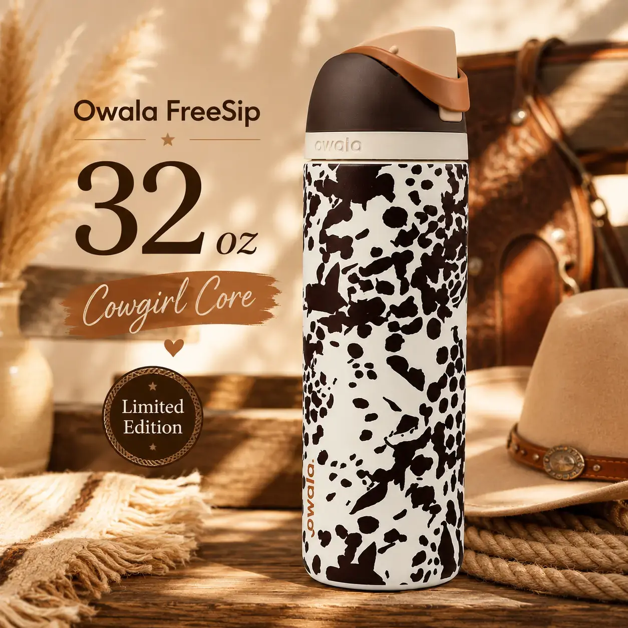 Owala FreeSip 32oz Extreme-Cold Vacuum Flask, Limited Rare Edition Cowgirl Core Western Pattern Matte Stainles, Leakproof Built-in Straw, BPA Free Stainless Steel Cup, 24H Cold 12H Hot Travel Gym Bottle#Owalas Steel Sports Gym Bottle sohochic