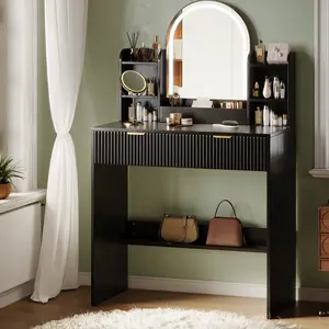 TOKSOM Vanity Desk with Mirror and Lights,Small Makeup Vanity Desk with Charging Station,Bedroom Vanity Table with Drawers,Storage Shelves,Natural/White/Black