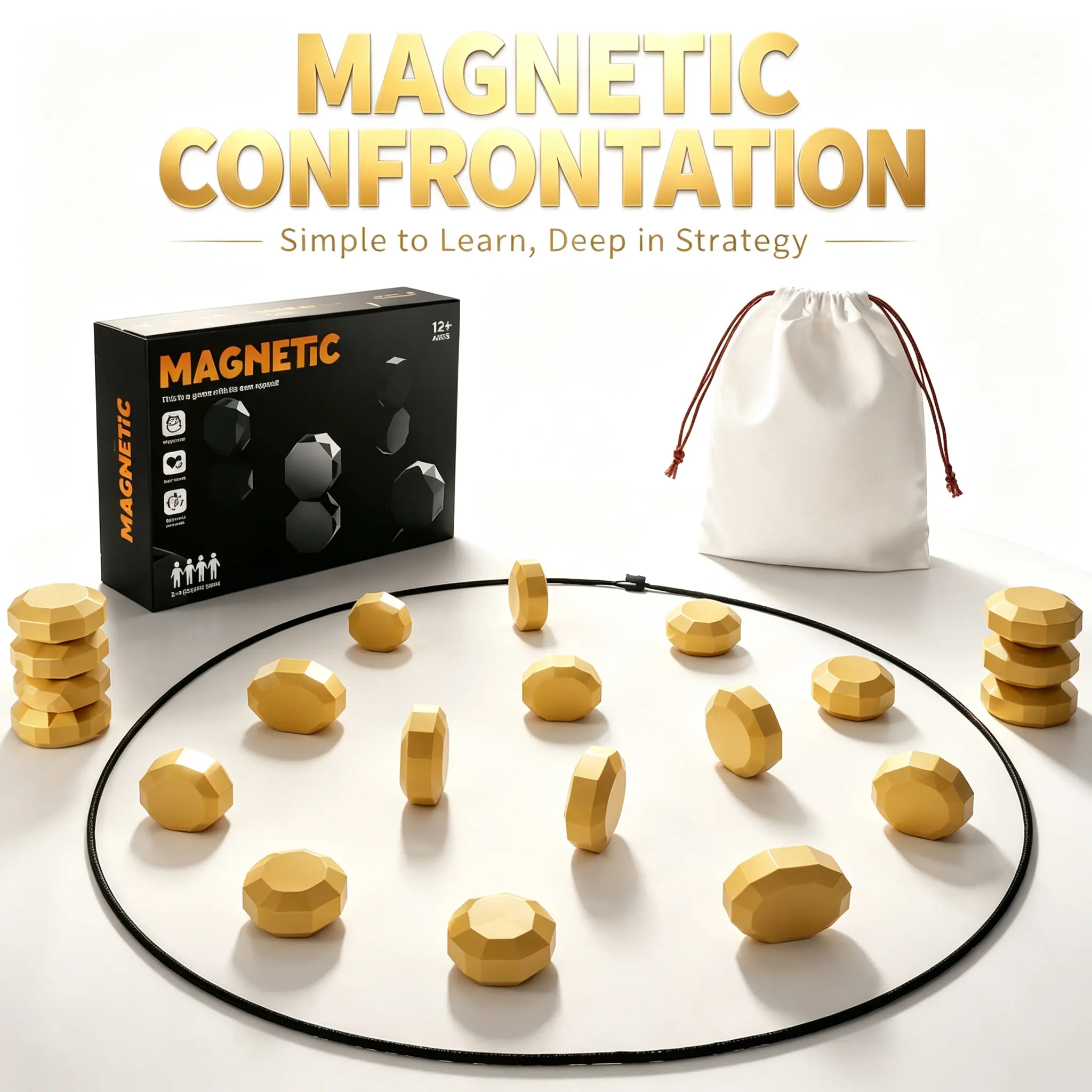 Magnetic Chess Game with 20 Magnetic Stones, 2-4 Player Family Strategy Board Game, Portable Travel Puzzle Toy with Play Rope & Storage Bag for Kids Adults