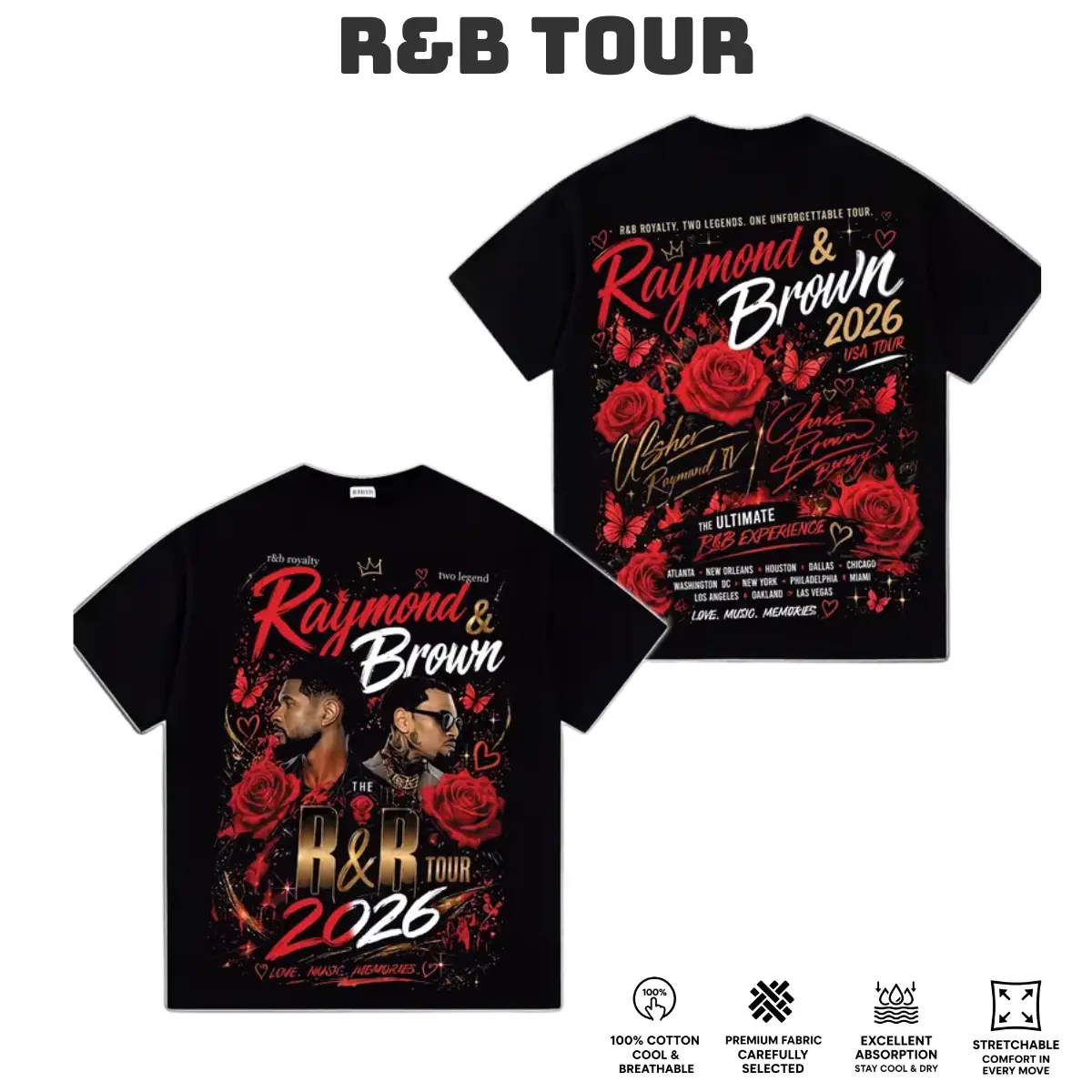 Ch.Brown Usher Raymond The R&B Tour 2026 Unisex Tee , GILDAN T-SHIRT. cotton 100%
