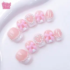10pcs handmade nails, short cute square French nails, short nails, pearl bow design, love pearl nail art, sweet and cute push-on false nails full coverage nails, Valentine's Day nails, home DIY nails, four seasons nails, suitable for women to travel, part