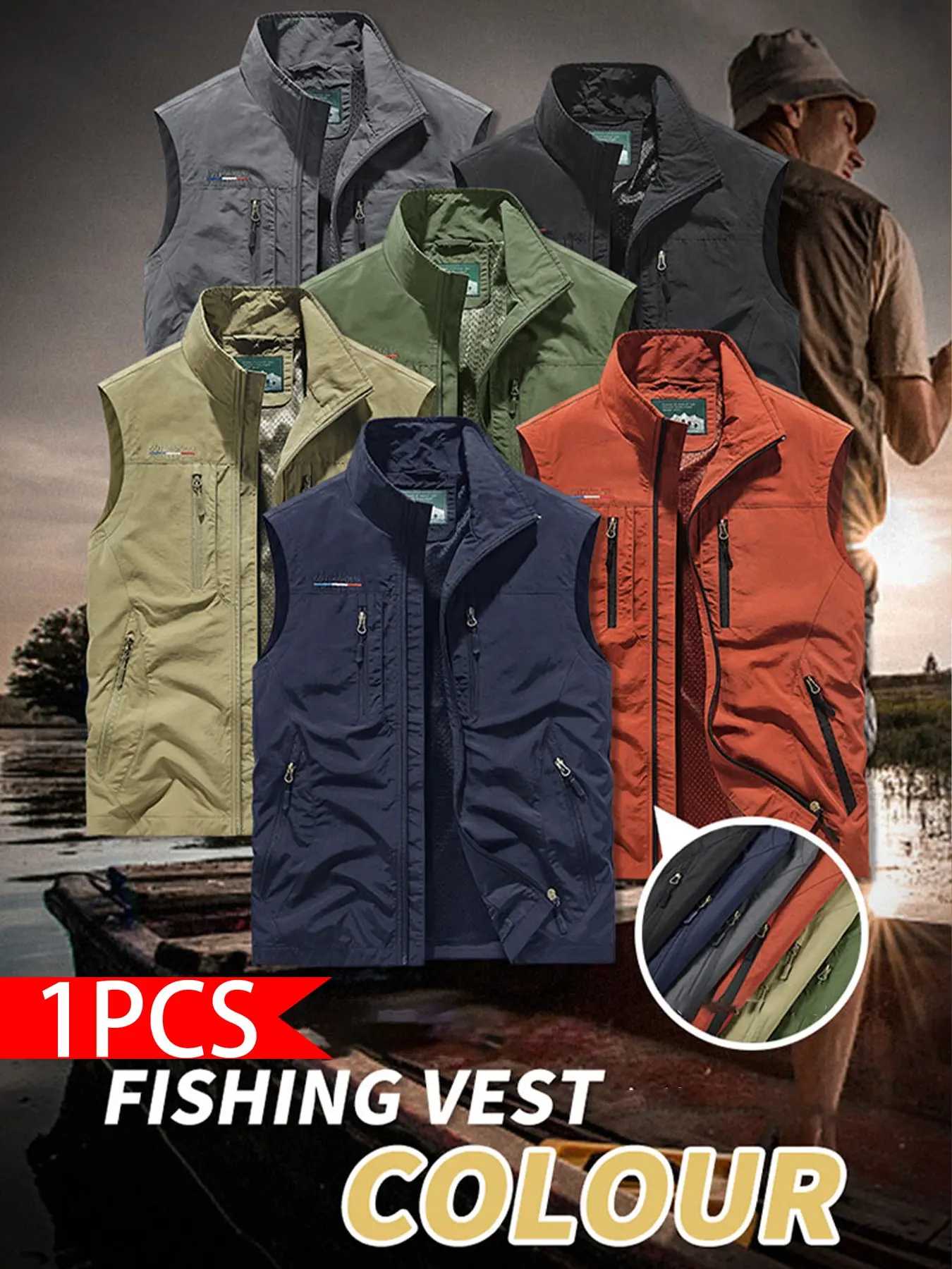 Men's Stand Collar Pure Color Multi-Pocket Vest Gilet, Functional Style, Ideal for Outdoor Sports and Casual Wear, Comfortable and Stylish