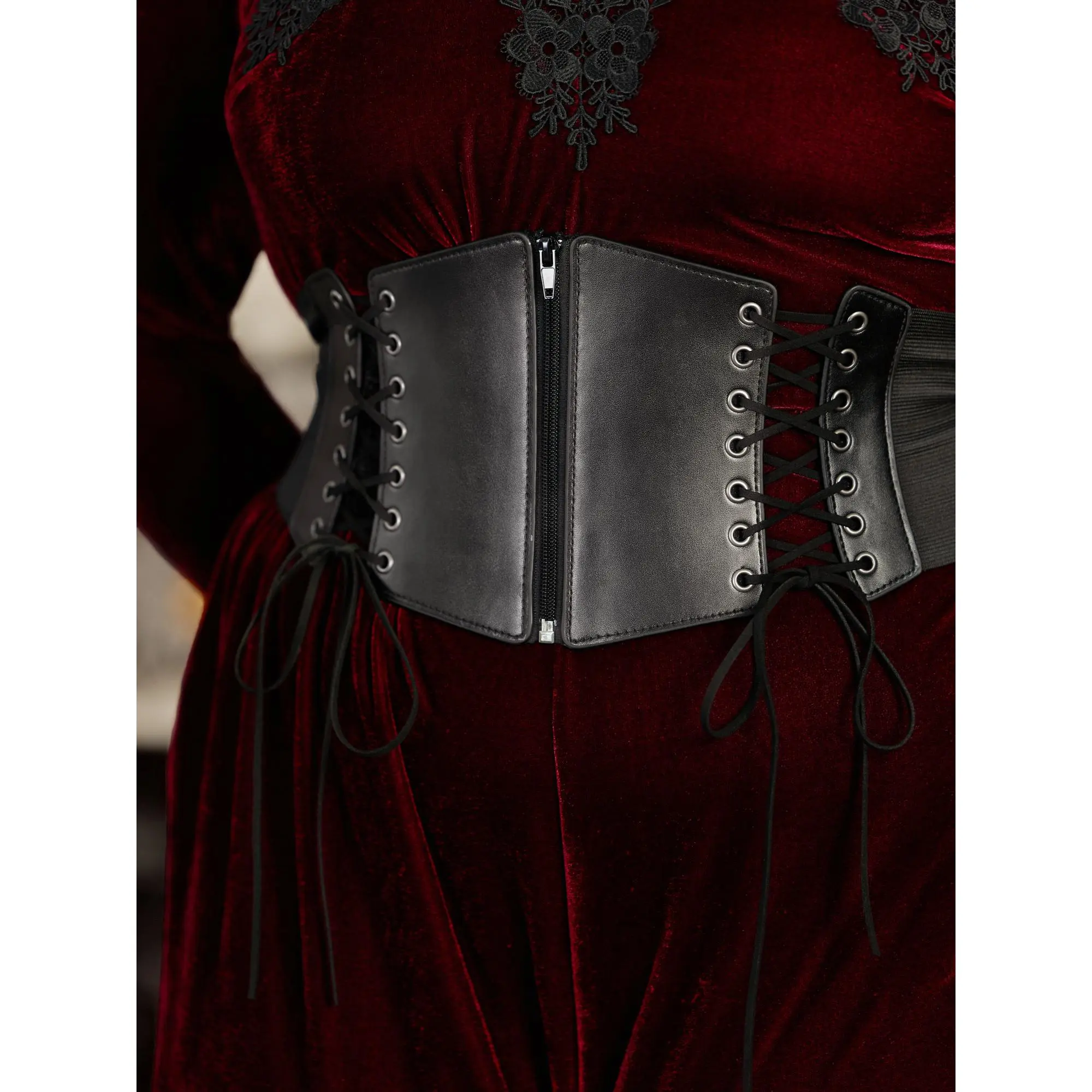 BloomChic Faux Leather Lace‑Up Zipper Corset Waist Belt