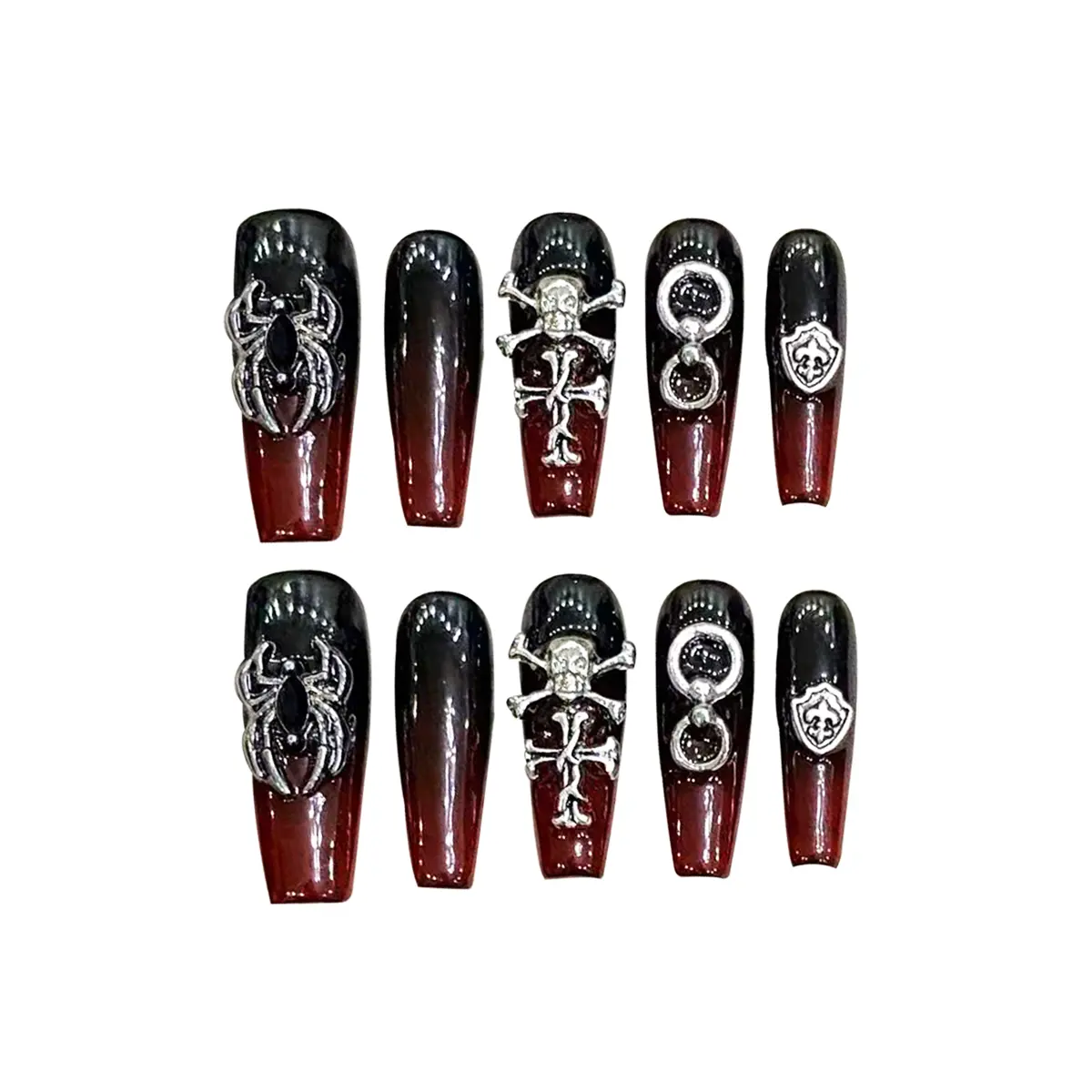 Gothic Black-Red Ombre Long Coffin Press On Nails With Spider, Skull And Chain Decorations, 10PCS Handmade Reusable Acrylic Fake Nails For Edgy Style, Nail Design, Versatile Style