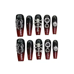 Gothic Black-Red Ombre Long Coffin Press On Nails With Spider, Skull And Chain Decorations, 10PCS Handmade Reusable Acrylic Fake Nails For Edgy Style