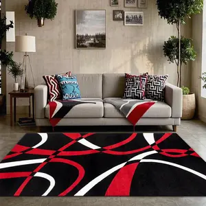 Velvet Home Rug with Geometric Curve Print, Holiday Decor Carpet for Living Room, Hallway, Bedroom, Indoor Outdoor Use