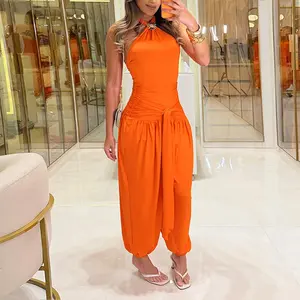 CHICME Women's Gold Decor Halter Tie Jumpsuit Sexy Backless Ruched Lantern Overalls Casual Vacation Jumpsuit
