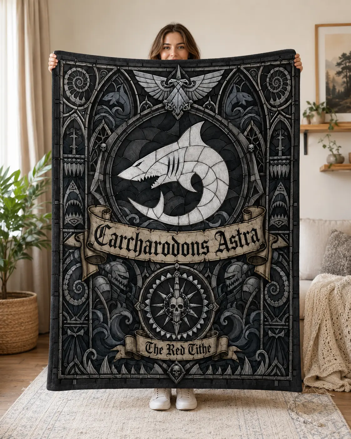 Warhammer 40K Space Sharks Blanket | Carcharodons Astra Fan Gift | Faux Stained Glass Imperial Faction Throw | Grimdark Lore Merch | Soft Plush Fleece Bedding & Cozy Couch Accessory for Miniature Painters