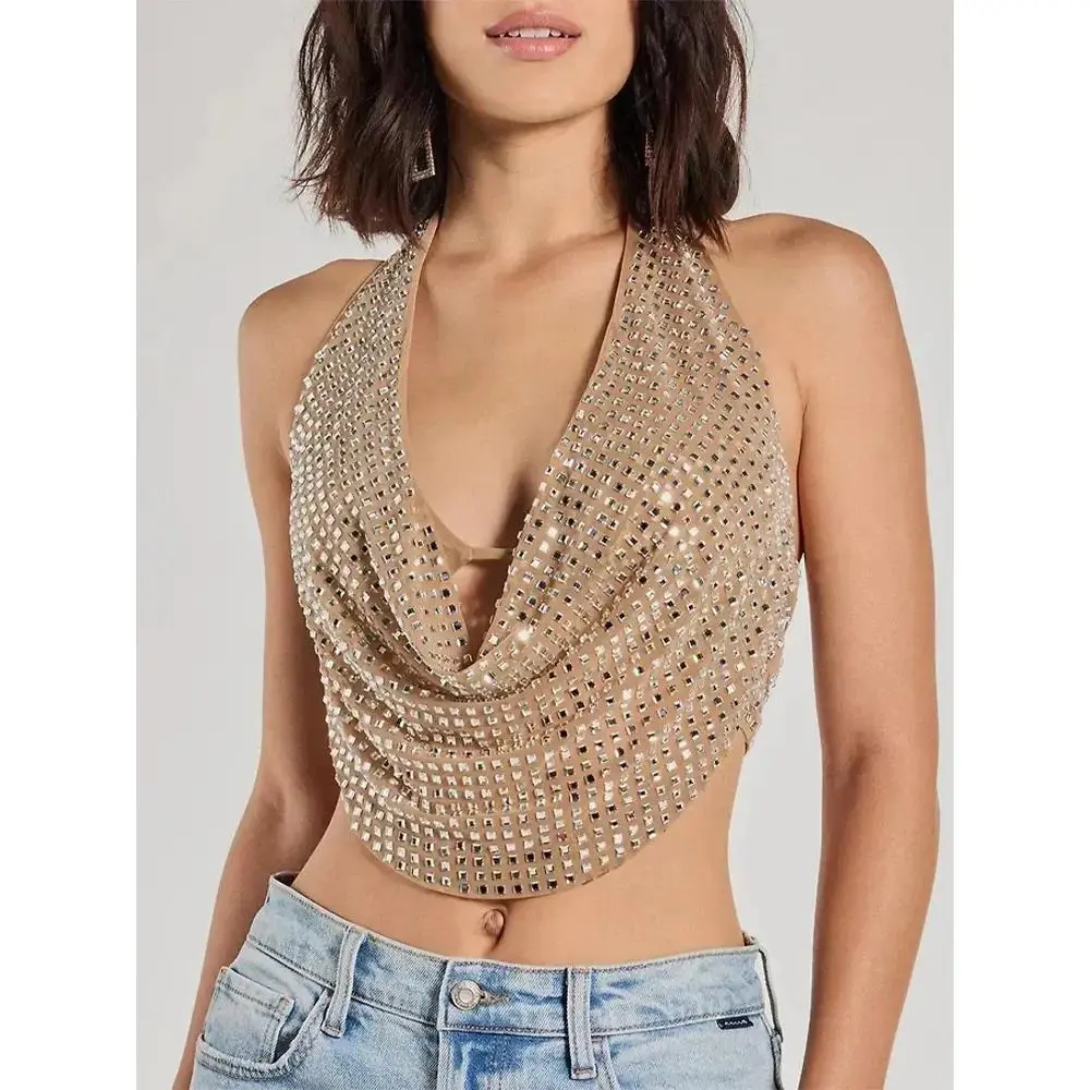 black rhinetsone halter neck top - TikTok Shop