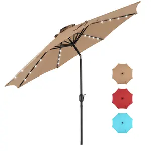 【Deal】10 ft Patio Pool Umbrella with 32 LED Solar Lights UV-Resistant Outdoor Table Umbrella with Tilt and Crank for Backyard Deck Garden and Beach Cover