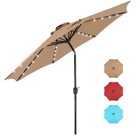 Sweetcrispy 10ft Wide Iron Outdoor Sunshade Umbrella - Crank Operated Parasol, 32 LED Solar Lights, UV-Resistant, Adjustable Tilt Canopy, Windproof, Warm Atmosphere for Backyard Deck