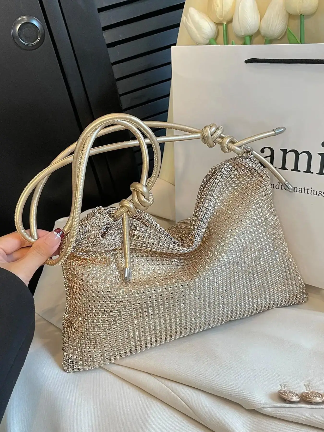 Women's Summer Shiny Rhinestone Decor Evening Bag, 2025 New Fashionable Solid Color Classic Shoulder Bag for Banquet & Wedding Party, Female Elegant U