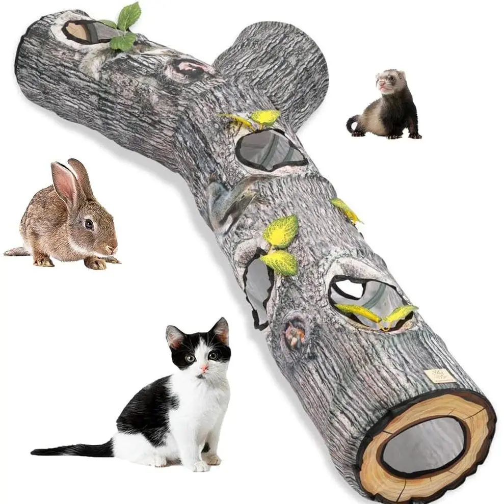 Cat Tunnels Collapsible Pet Tube - Interactive Tree Trunk Cat Activity Play Tunnels with Peek Holes Plush Bell Toys, Pets Puzzle Hunt Chase  Center for Kitten, Ferret, Small Animals