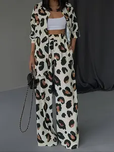 Women's Trendy Style Leopard Print Woven Two-Piece Set Outfit, Loose Shirt & Wide-Leg Pants, Perfect for Daily Wear, Stylish Casual Clothing, Spring, Womenswear