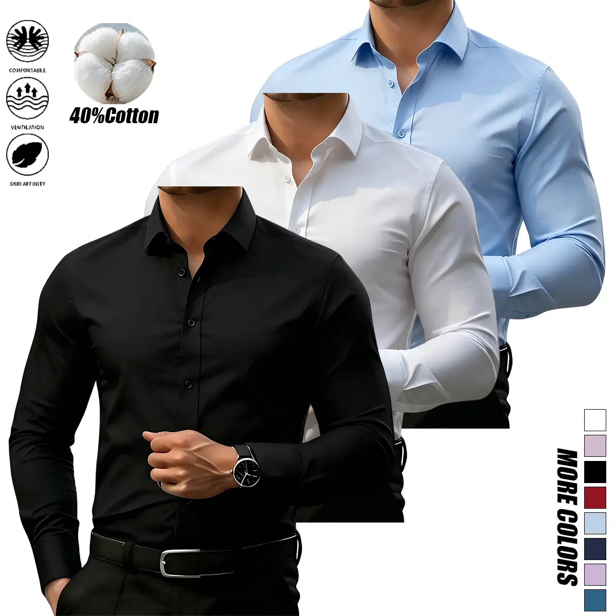 3-pack men’s long-sleeve business shirts—simple yet refined, figure-flattering casual design with a turn-down collar and button closure, made from breathable fabric for everyday commuting and versatile styling.