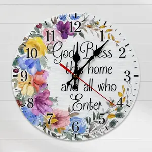 10 Inch "God Bless This Home" Floral Wall Clock, Silent Non-Ticking Christian Inspirational Decorative Clock, Watercolor Flower Wreath Design for Living Room, Kitchen & Entryway