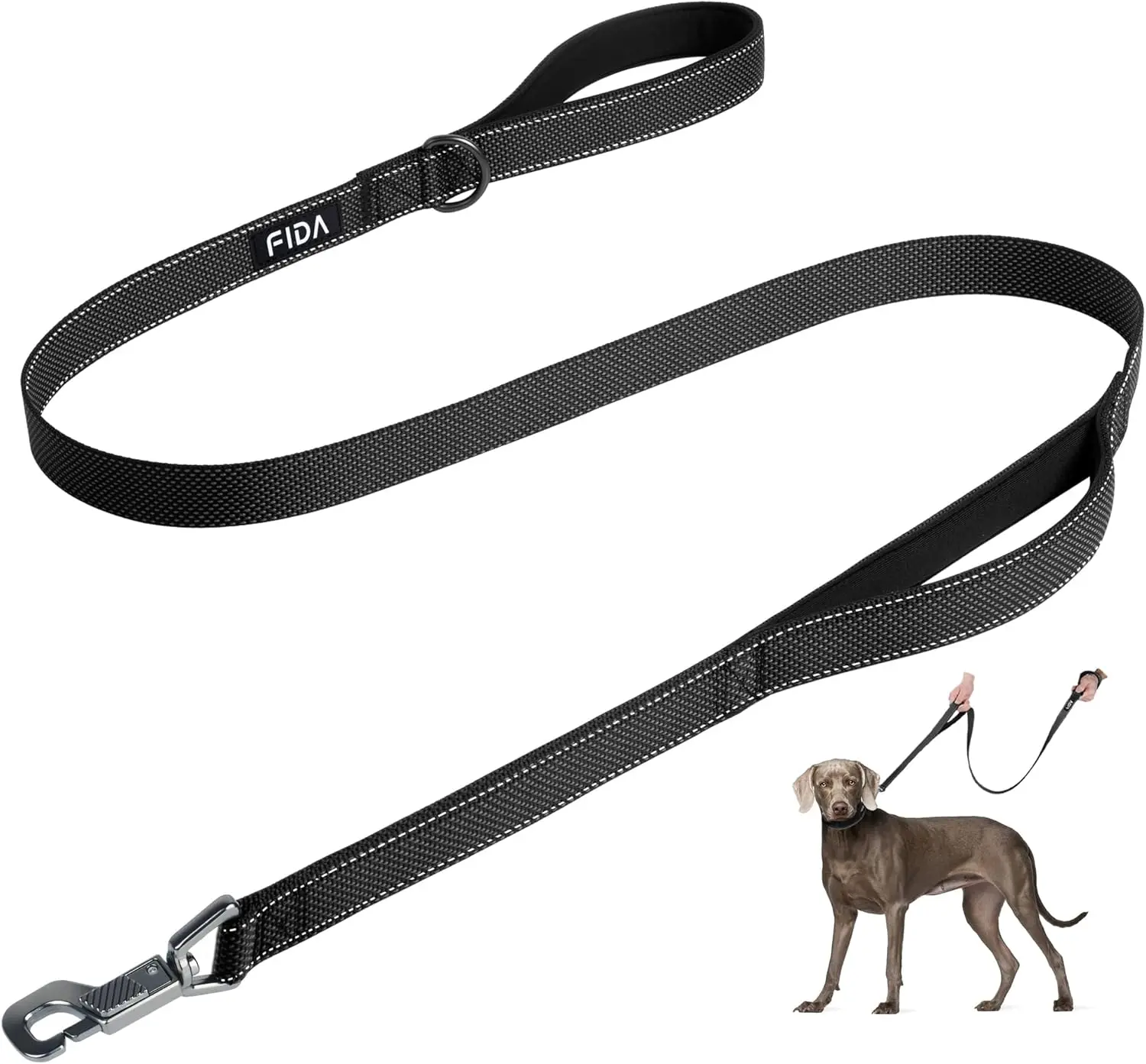 Fida Heavy Duty Dog Leash with Dual Padded Handles, Patented Easy Hook & Reflective Nylon, 4/5/6/10 FT Walking Lead for Small, Medium and Large Dogs