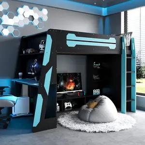 Double MDF Wood Loft Bed - Cloud Blue, Esports Style, with Desk, Multi-Level Storage Shelves, RGB Lighting, Functional Underbed Space, Some Assembly Required