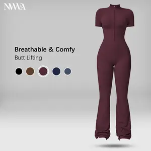 Women's Summervibes Zip-Front Short-Sleeve Bodysuit, Nylon Blend, Breathable Skin-Friendly Slim-Fit Butt-Lifting Camisole, Ideal for Yoga and Pilates, Bodysuit for Women, Women's Clothes, Gym Clothes Women Outdoor Fun,summervibes