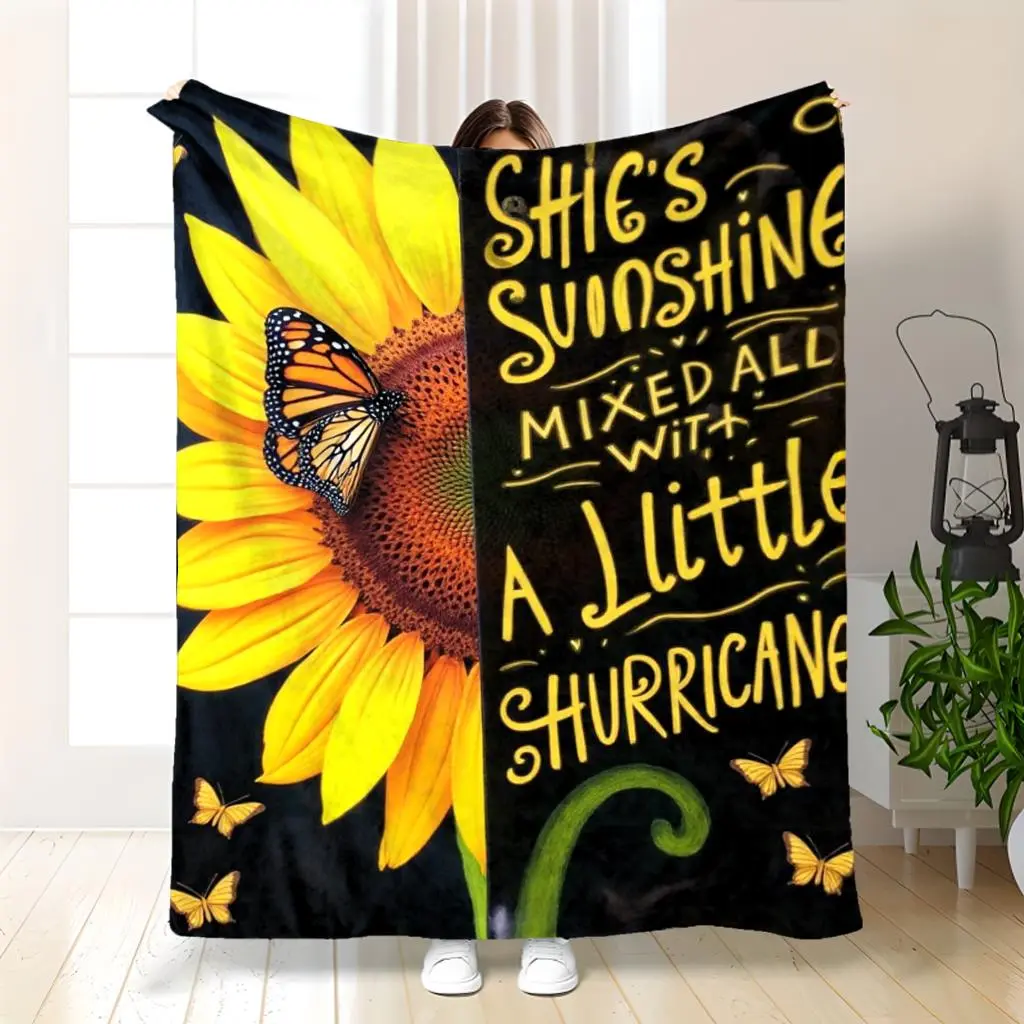 1pc Ultra-Soft Durable Polyester Fleece All-Over Print Sunflower Throw Blanket - Half-Sunflower & Black Background, "She's Sunshine Mixed with a Little Hurricane" Quote, All-Season Couch/Bed Use, 1-Piece Family Birthday Gift, Machine Washable, Sunflower P