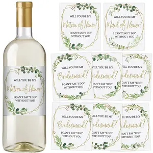 Bridesmaid Proposal Gift – Waterproof Wine Bottle Labels for Bridesmaids and Maid of Honor, Gold Greenery (Set of 8)