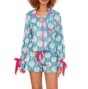 Women Christmas Pajama Set Santa/Tree Print Lapel Neck Button-up Long Sleeve Tops Shorts 2-Piece Loungewear Outfit