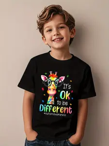 3-13YBoys' Autism Awareness Puzzle Piece & Giraffe with Glasses T-Shirt - Inclusive Neurodiversity Design, Short Sleeve Round Neck Casual Top, Autism Symbol Apparel for Kids with ASD