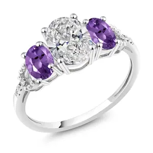 Gem Stone King 10K White Gold IGI Certified Lab Grown Diamond and Purple Amethyst 3-Stone Engagement Ring For Women | 2.46 Cttw | Center 1.5 Ct Diamond | D-E Color | VS1-VS2 Clarity