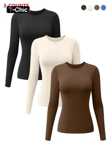 Women's Basic Long Sleeve Shirt, Elastic Round Neck Tee, Slim Fit Design, Versatile Warm Underwear, Suitable for Daily Style Comfort