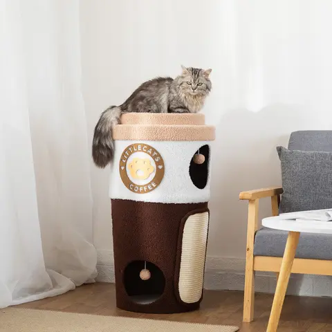 Happy & Polly Vintage Art Deco Coffee Cup Cat Tree House - Plush Cozy Indoor Nap Spot, Wood Vertical Scratcher, Multi-Functional Scratch & Rest, Adventure Play, No Assembly, for Cats Up to 20lb (Coffee Cup Aesthetics, Contemporary, Classic, Traditional)