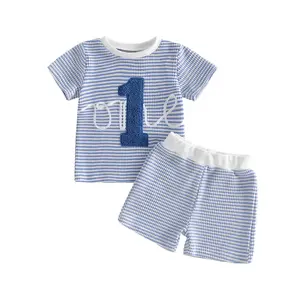 Baby Boy First Birthday Outfit One Embroidery Waffle Tops Short Sets 1st Birthday Outfit Summer Clothes 6 12 18 M