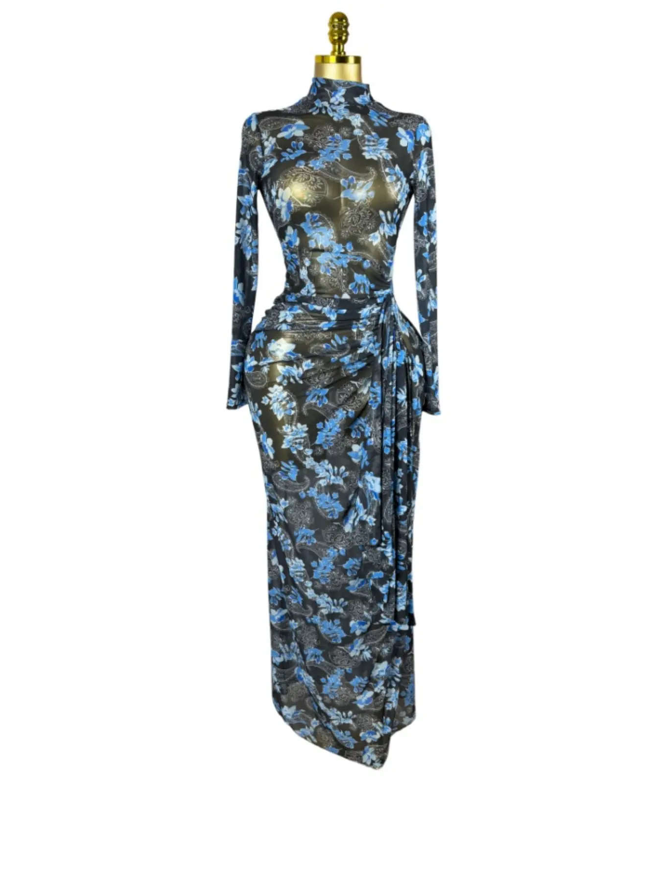 QFAF Blue Floral Bodycon Maxi Dress Women 2026 Long Sleeve High Neck Ruched Slim Fit Asymmetrical Wrap Party Dress, Elegant Formal Dress, Evening Gown High Waist Stretch Outfit Wedding Guest Birthday Dinner Date Night Vacation Holiday