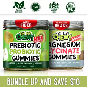 OH MY CHEWY Magnesium Glycinate + Prebiotic, Probiotic and Fiber Gummies Bundle – 2 Bottles (60 Each) – Coconut Pistachio & Apple Kiwi Healthy Snacks outdoorfun