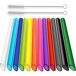 12 PCS Reusable Boba Straws, 13 mm x 10.5 inch Long Wide Colored Plastic Smoothie Straws for Bubble Tea, Tapioca Pearls with 2 Cleaning Brush - Pointed Design Disposable Utensils