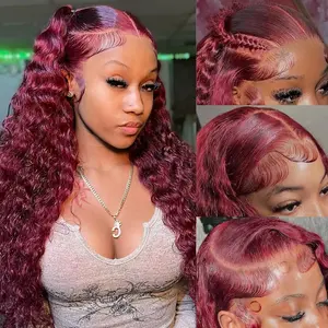 [Bling Hair] 99j Burgundy Lace Front Wigs Human Hair Deep Wave Wigs Human Hair 13x6 Lace Wig Pre Plucked for Women 13x4 13x6 Brazilian Lace Front Wig With Baby Hair