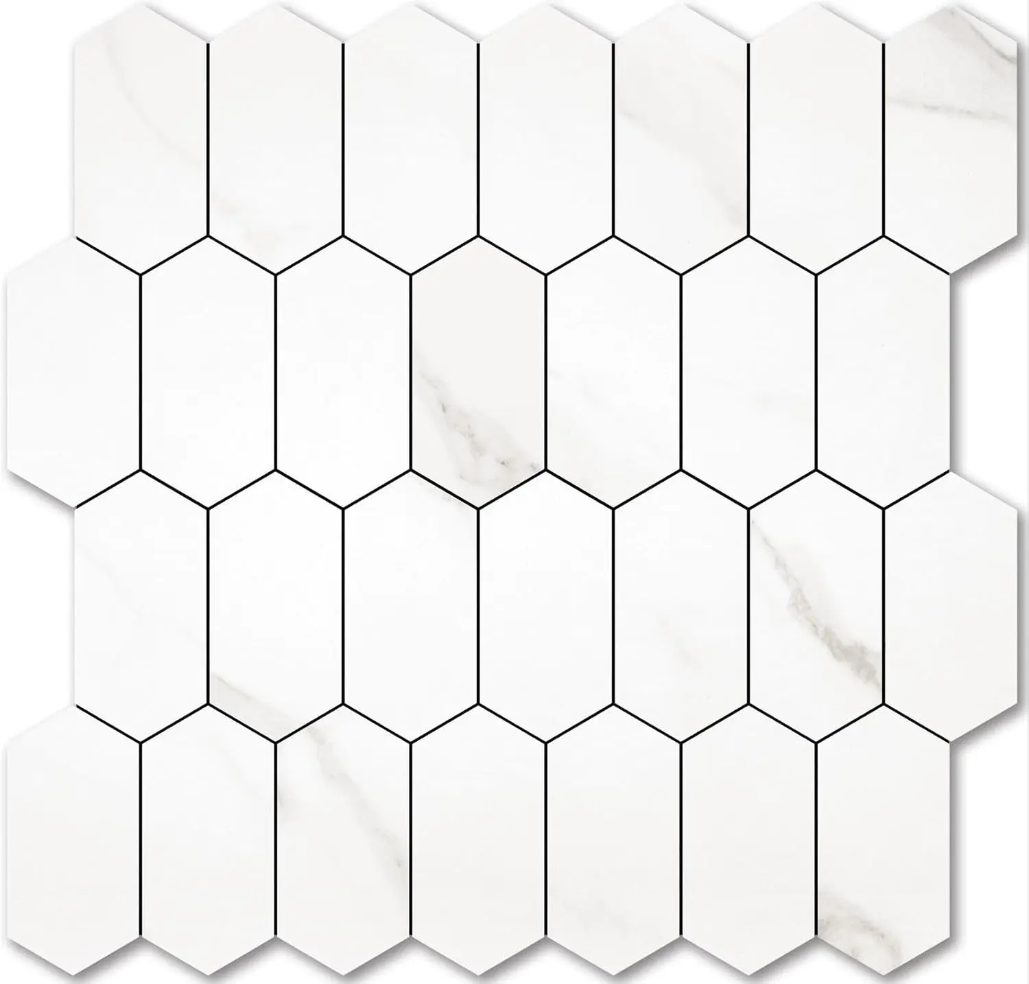Long Hexagon Peel and Stick Backsplash  - 10 Sheets Stick on Backsplash for Kitchen and Bathroom 12.4 x 12 Inch White Marble Look PVC Self Adhesive Mosaic Wall s