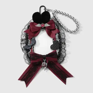 1 piece Y2K retro sweet‑cool dark gothic style multi‑color beaded card holder/card sleeve featuring a skull, cross, bow, heart, lace trim, and acrylic large cards; suitable for campus cards and ID documents; DIY keychain and bag charm