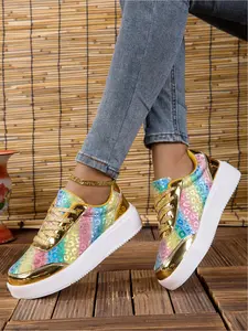 Women's Rainbow Glitter Platform Chunky Sole Sneakers, Shiny Gold Metallic Casual Shoes, Fashion Colorful Leopard Print Lace Up Walking Shoes for Party, Streetwear, Daily Wear, Sports Shoes