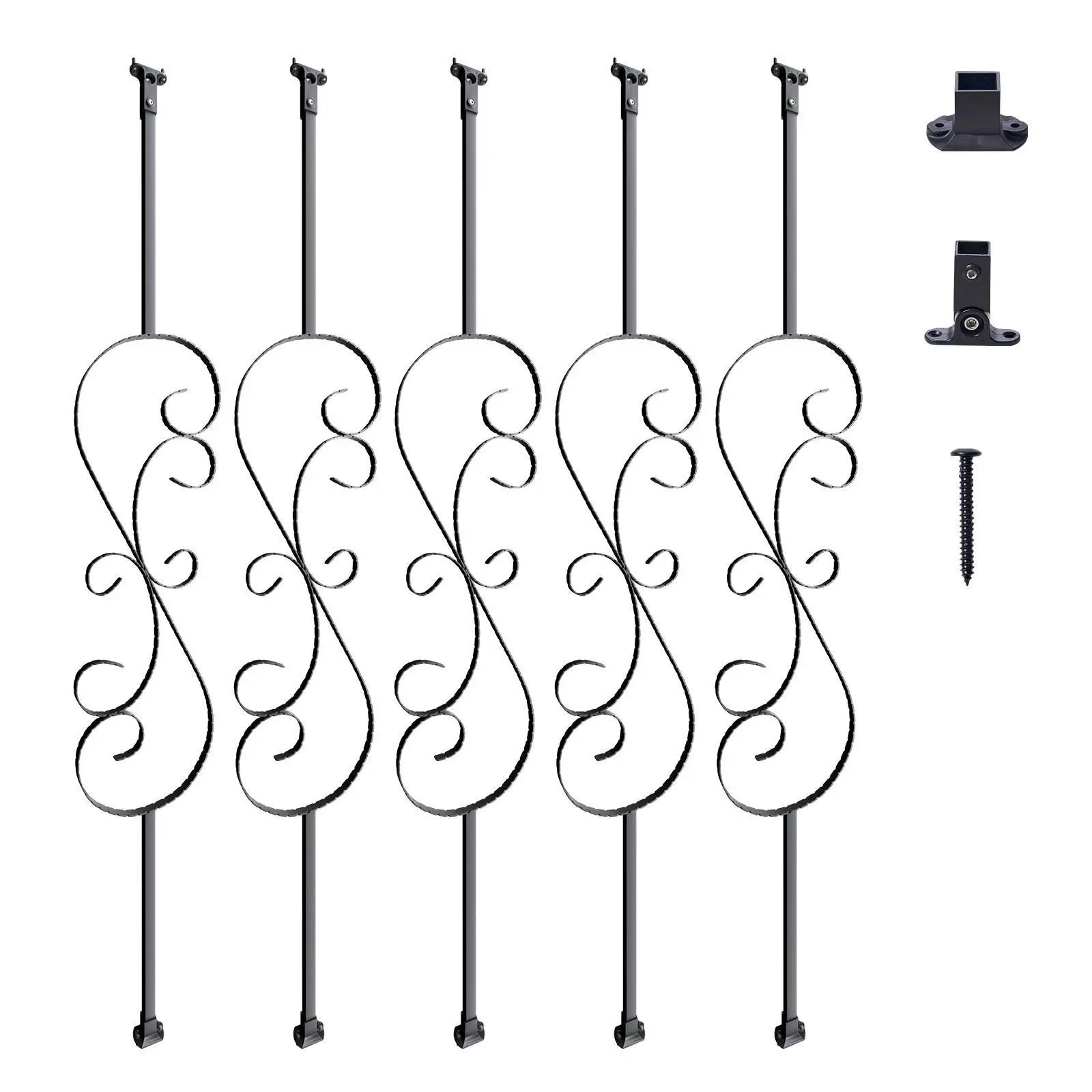 【SummerFinds】VEVOR 5 S Balusters, 44'' x 1/2'' Galvanized Steel Decorative Banister Spindles, AAMA-2604 Standard Hollow Satin Black Staircase Metal Balusters, Easy to Install Home Decor Deck Railing with Shoes & Screws, Decoration, Prevents Scratching, Cr