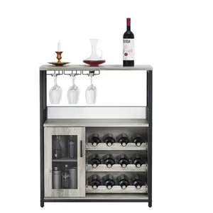 3-Tier Wine Bar Cabinet with Detachable Wine Rack and Storage Space, Buffet Cabinet with Glass Holder and Mesh Door, for Kitchen, Living Room and Bar (Gray)