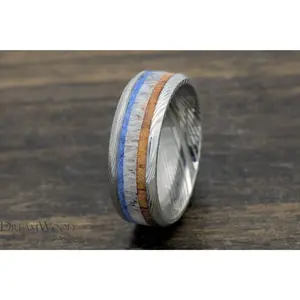 The Azure Expedition - Damascus Steel Ring with Lapis, Antler, and Koa Wood Inlay