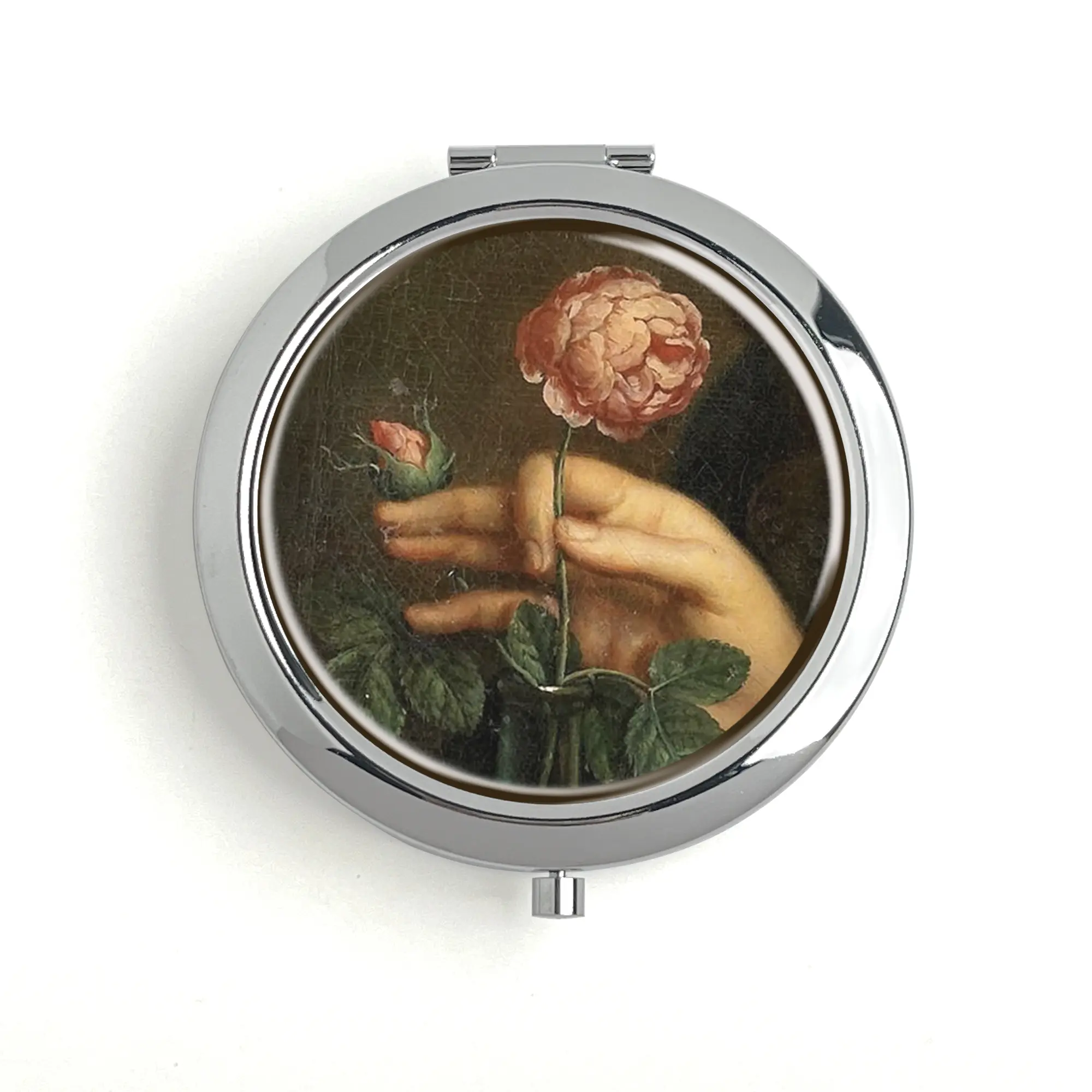 Giving Roses Vintage Metal Pill Box Travel Pill Box Vitamin Organizer Built-in Makeup Mirror Unique Design Inner Diameter 60mm