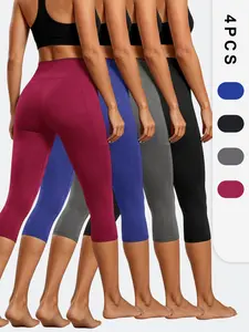 4-Pack Women’s Pocket Capri Leggings – high-waist, tummy control, squat-proof; 7/8 length for yoga, running & daily wear;  Bottom, Basic, Minimalist; womenswear；Summervibes