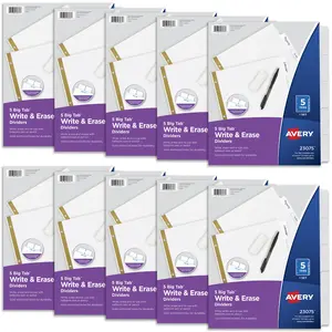 Avery Write & Erase Big Tab Paper Dividers for 3 Ring Binder, White, 5 Tab Set, 10 Packs, 10 Sets Total (23075)