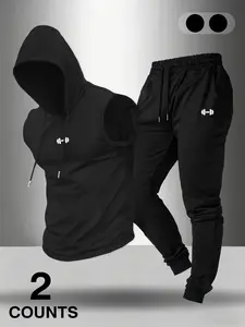 Dumbbell Print Hooded Sleeveless Top Joggers 2 Piece Set Men, Y2K Gym Workout 2 Piece Outfit With Dumbbell Logo, Summer Breathable Athletic Set, For Daily Wear, Street Style, Summer Outfits, Men's Retro Streetwear #springsaledeals2026 #summeroutfits #tikt