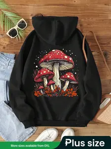 【Plus Size】 Cartoon Mushroom Print Drop Shoulder Thermal Lined Hoodie, Fashion Casual Drawstring Pocket Hooded Sweatshirt for Daily Holiday Outdoor Wear, Women Clothing for Fall & Winter