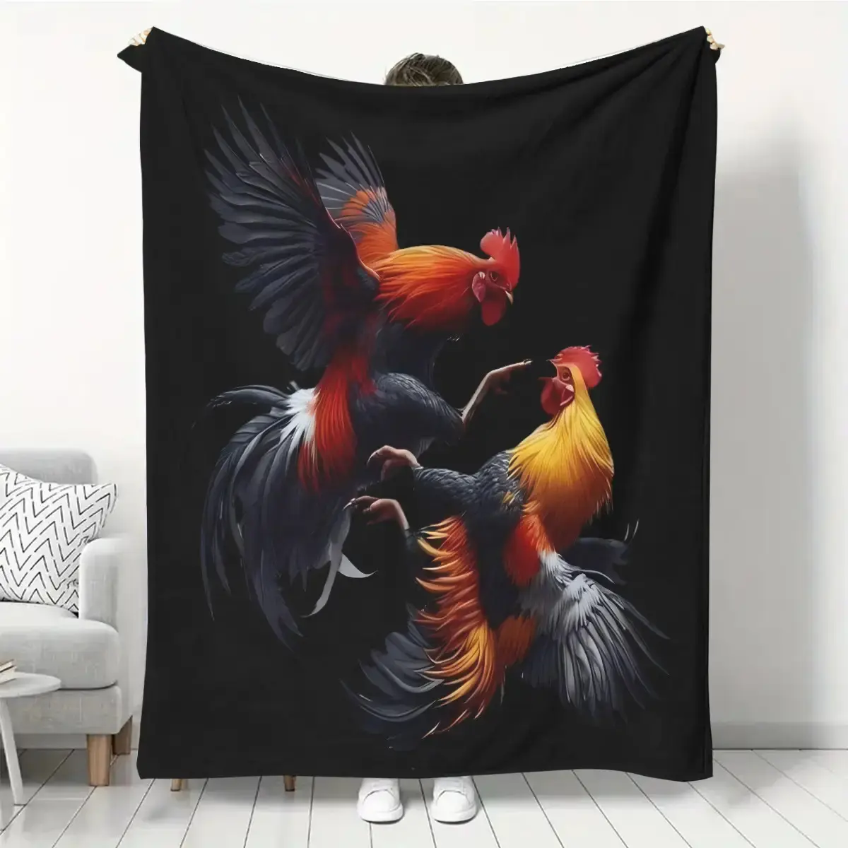Modern Fun Rooster Printed Flannel Soft Cozy Stylish Blanket - Crochet Weave, Breathable, Multi-Size, Living Room Bedding, Sofa Throw, Ideal Birthday Gift for Friends, Soft Cozy Blanket