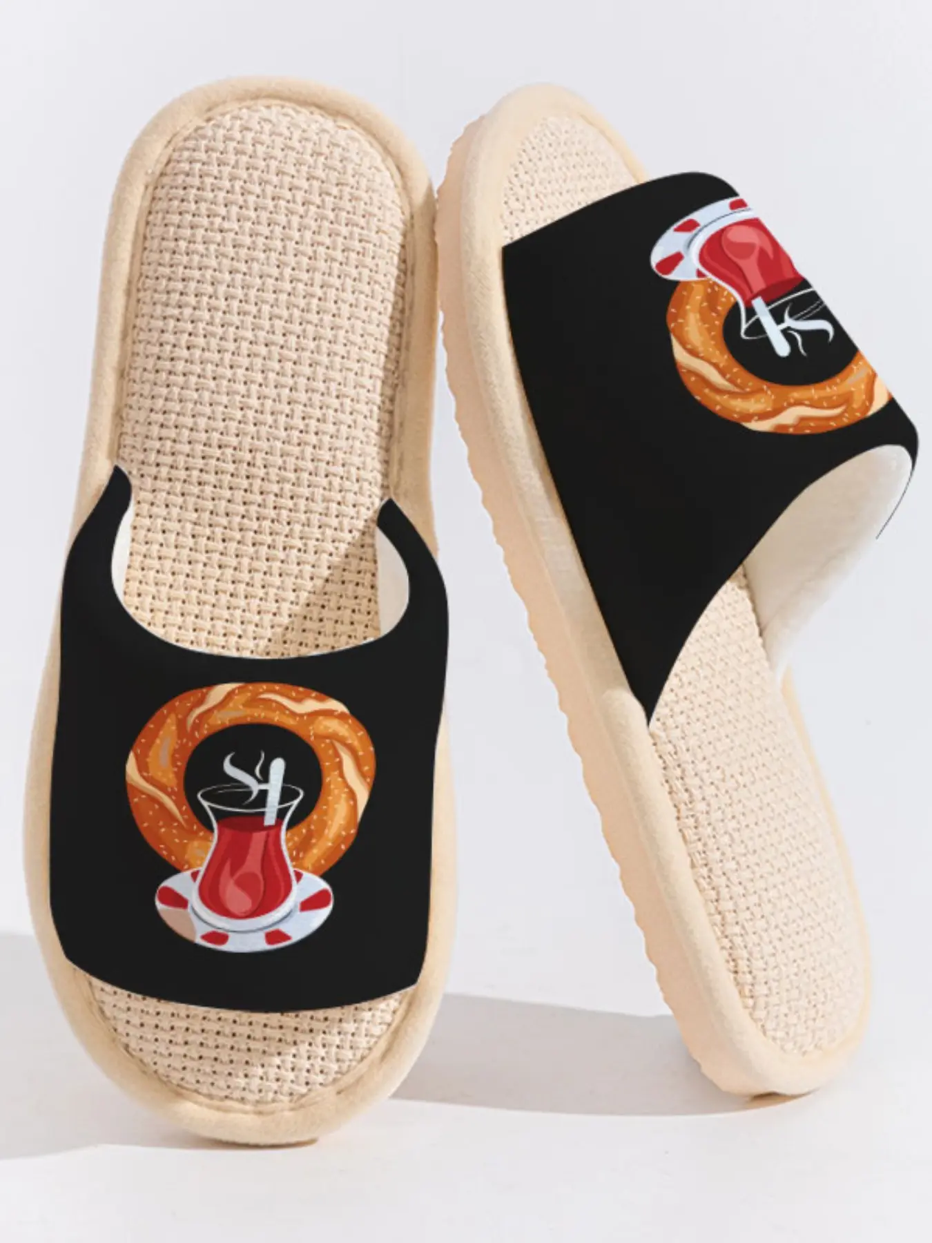 Turkish Tea & Simit (Sesame Bagel) Print Slippers Cloud-Feeling Exotic Foodie Style Indoor Outdoor For Turkish Culture Enthusiasts & Food Lovers