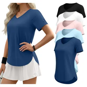 5 Pack Women Workout T-Shirts Quick Dry UPF 50+ Sun Protection Yoga Gym V Neck Raglan Tops Side Slits Curved Hem