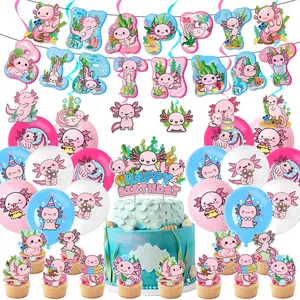 Axolotl Birthday Party Decoration Set, 36-Piece Includes Banner, Spiral Hanging Decorations, Cake Topper, Balloons for Women